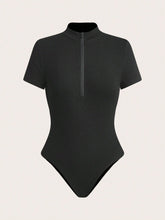 Women's Solid Color Knit Short Sleeve Collared Zip-Up Fitted Bodysuit Fall Women Clothes Tracksuit Purple Corset Top Black Bodysuit